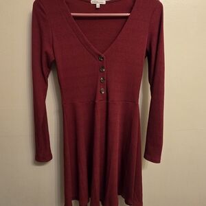 Charlotte Russe Wine Red Ribbed V-Neck Long Sleeve Dress